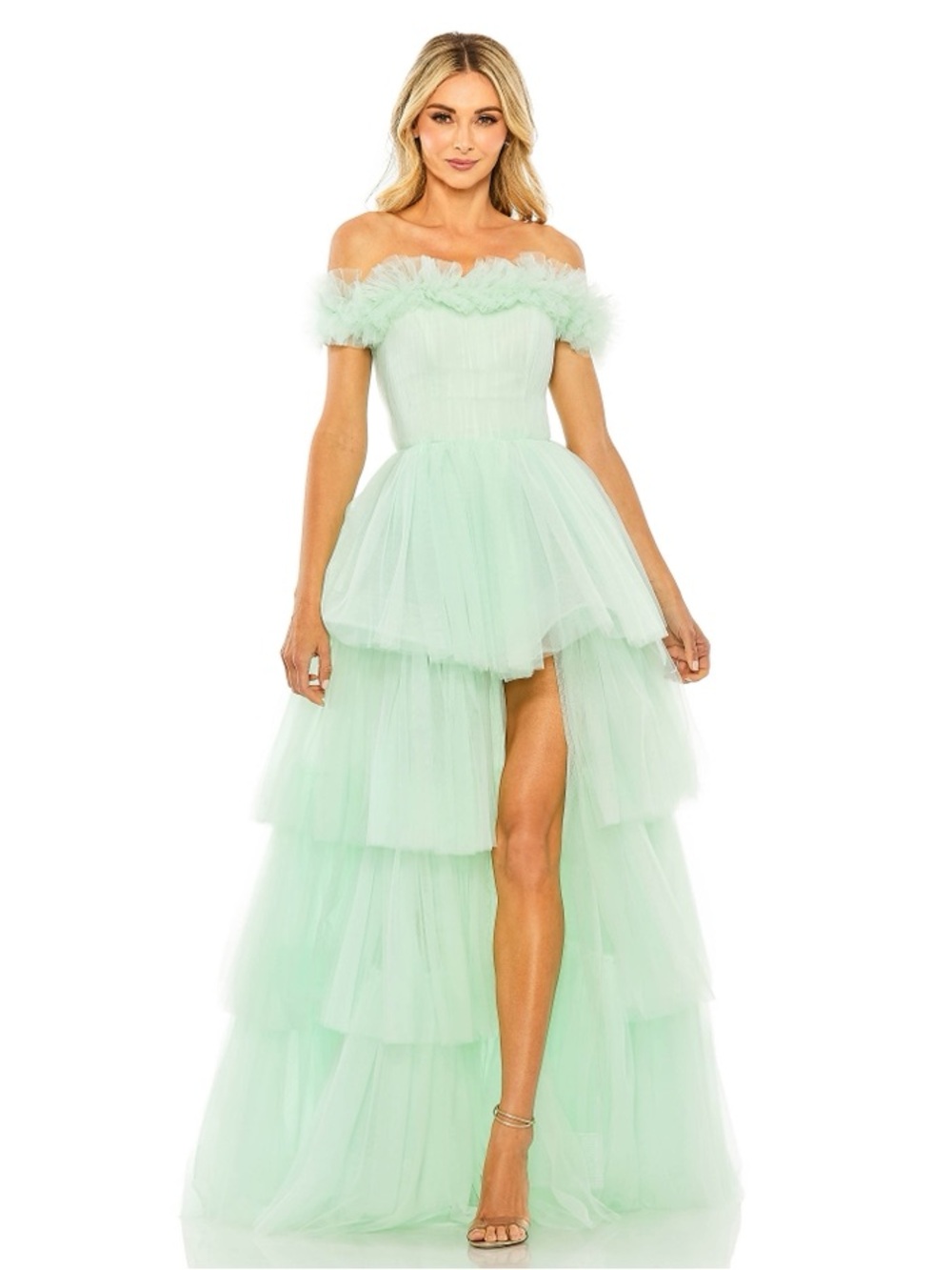 Mac Duggal 20570 Mint Green Tiered Tulle High Low Ball Gown Formal Dress